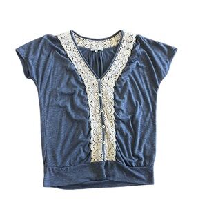 Charlotte Russe blue short sleeved top with crochet detail. Size S